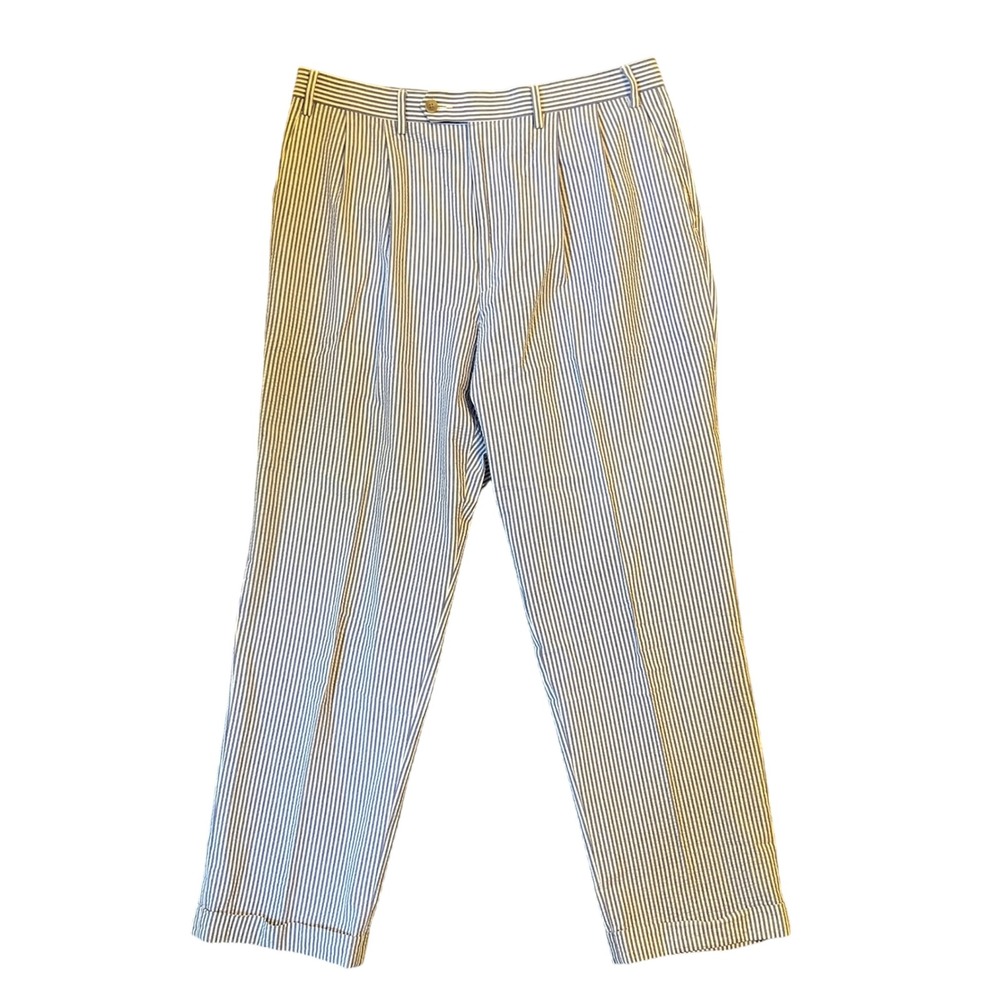 Chaps‎ Seersucker Pants Men 36x32 FIT 34x31 Blue Striped Pleated Preppy Coastal